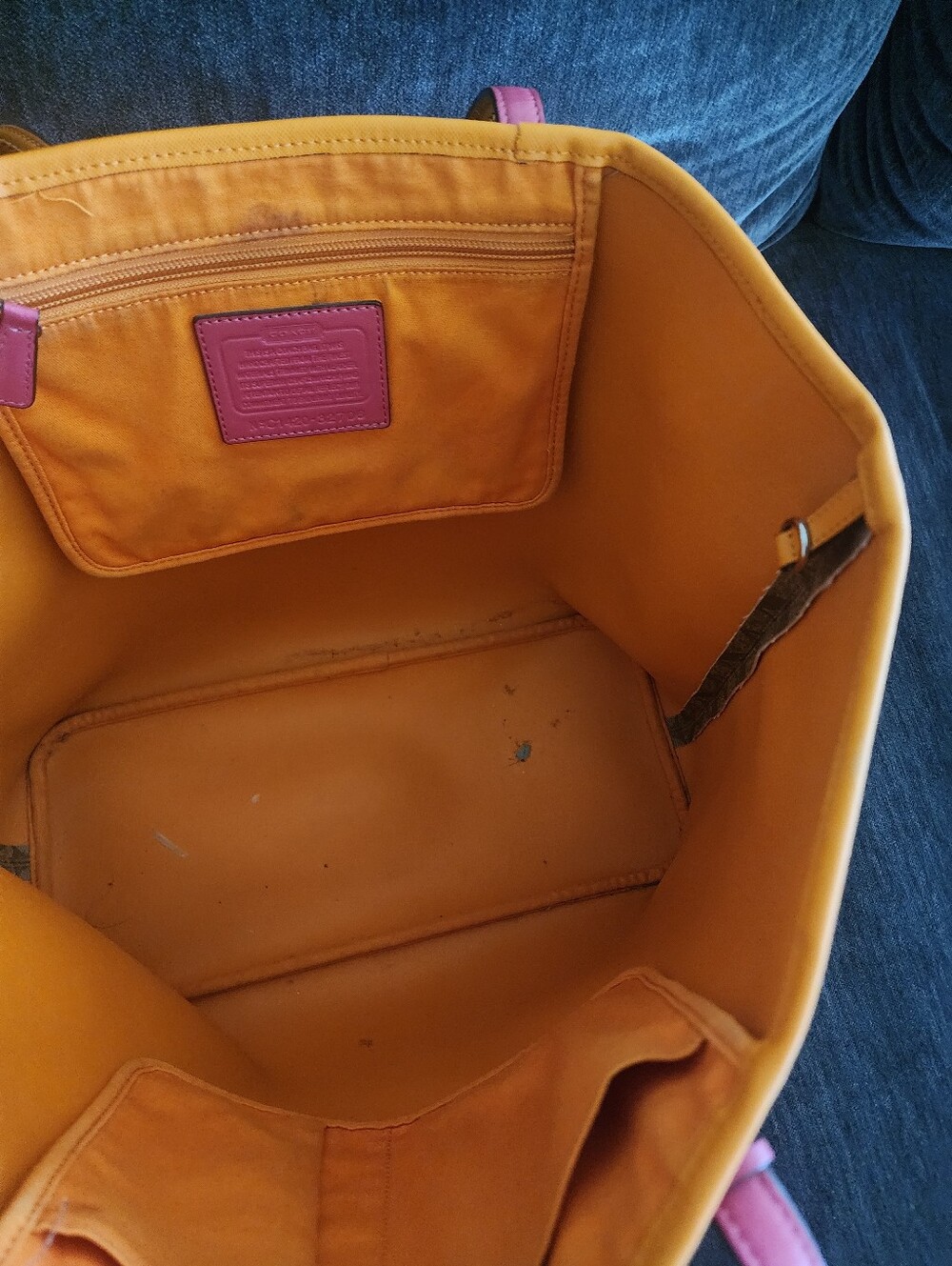 COACH Tan Signature Canvas Tote with Orange Trim and Pink Handles - Picture 7 of 11
